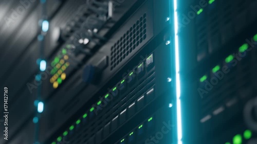 Glowing Blue Lights Illuminate Black Server Racks in a Dark Server Room