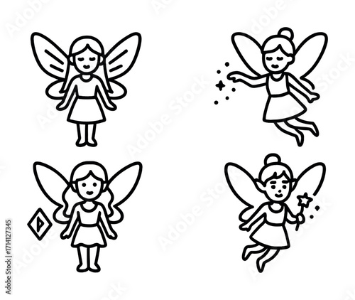 Set of four cartoon fairies with wings and magical accessories in simple line art style