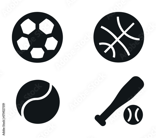 Set of simple black sports icons: soccer, basketball, tennis, baseball