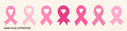 Set of different pink ribbons, symbolizing breast cancer awareness, support, hope, health, and solidarity. Ideal for charity campaigns, October promotions, healthcare education, websites, posters.
