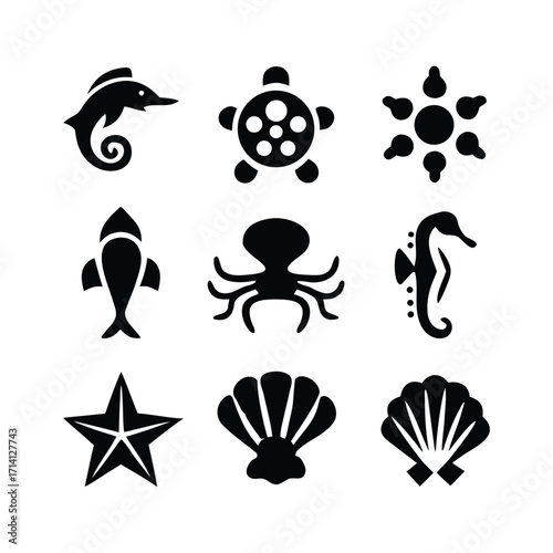 Collection of diverse marine animal silhouettes for aquatic themed designs and ocean life illustrations silhouette