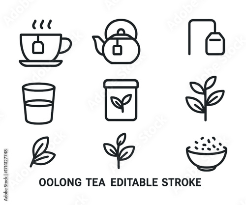 Oolong tea outline icons set featuring teacup teapot tea bag and leaves