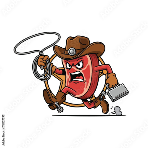 Angry cowboy steak cartoon running with lasso and grill.