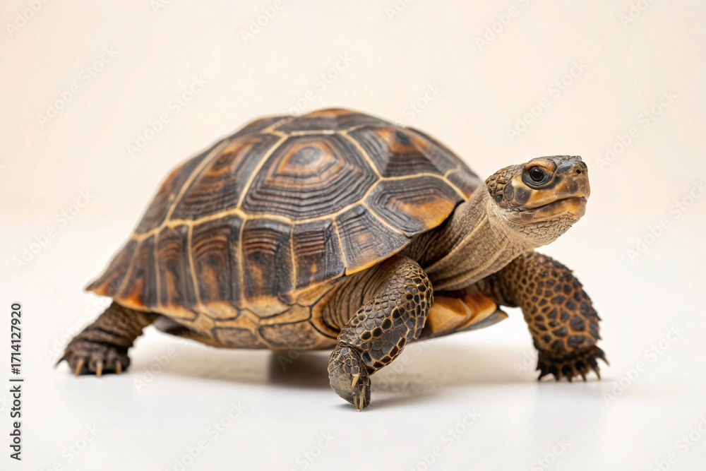 Obraz premium Box turtle with ornate shell patterns of brown, orange and yellow geometric designs, walking on white surface against warm beige studio background.