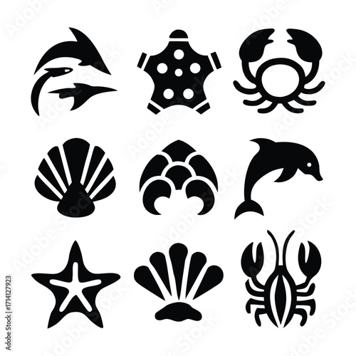 Collection of diverse marine animals in a striking black silhouette style for nautical and ocean themed designs