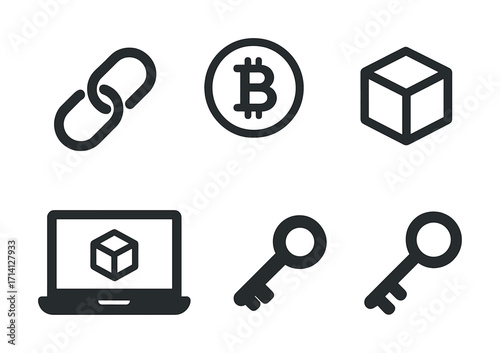 Blockchain icons: link, bitcoin, cube, laptop, key symbols in black and white