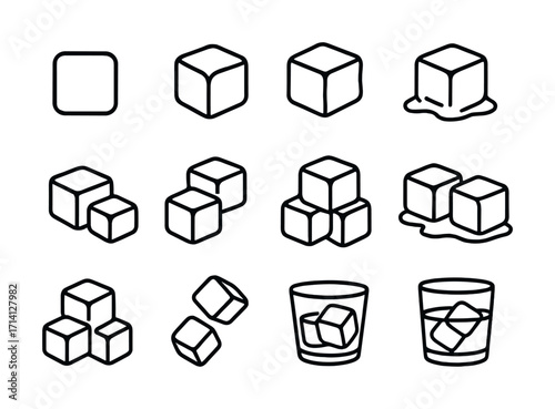 Ice cube icon set: melting, stacked, and glass variations