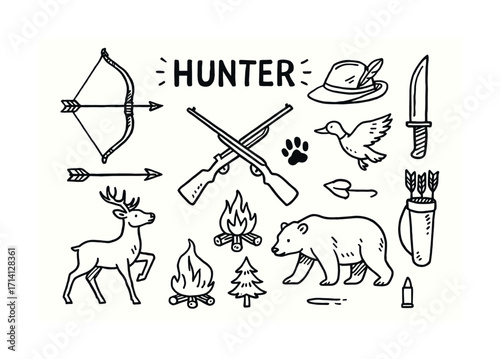 Hunting symbols: bow, rifle, bear, deer, duck - outdoor adventure icons