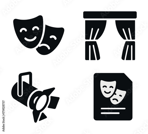 Theatrical elements: masks, curtains, spotlight, and play script icons