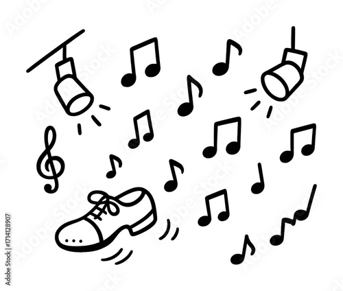 Tap dance celebration with music notes and stage lights