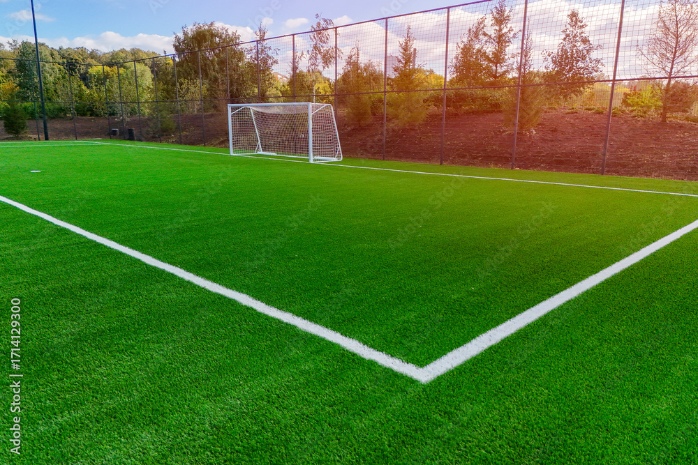 Fototapeta premium A football field on a beautiful summer evening, with the sun setting and a blue sky overhead. The green grass is dotted with white lines marking the penalty area and the goal posts. In the distance, a