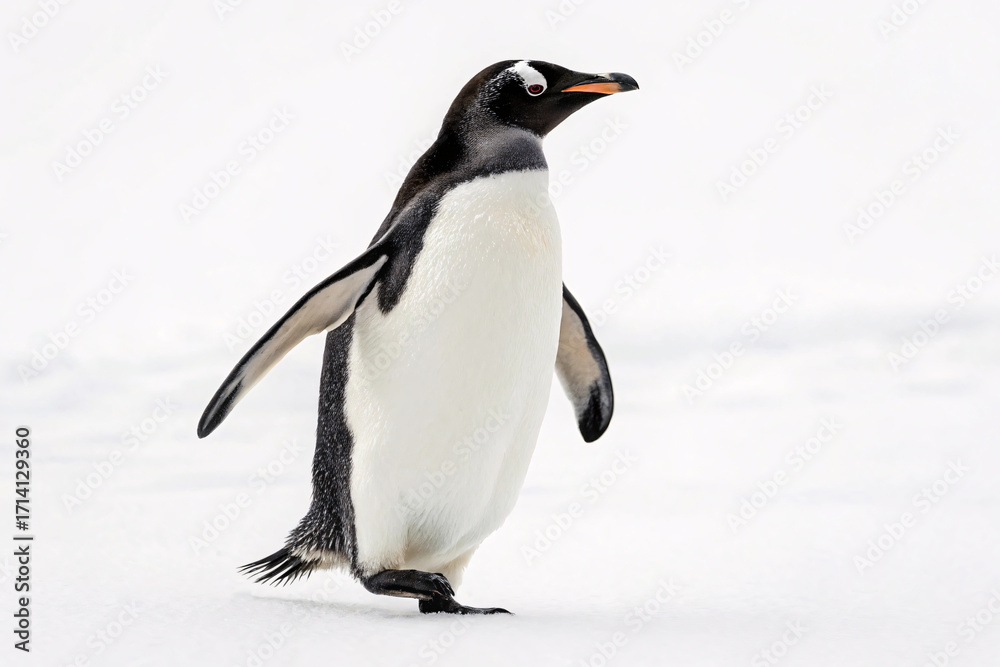 Fototapeta premium Adelie penguin walks confidently across white snow, displaying classic black and white plumage with distinctive orange beak and alert posture.