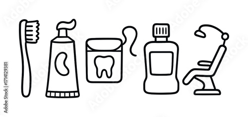 Dental hygiene essentials: toothbrush, toothpaste, floss, mouthwash, chair icons