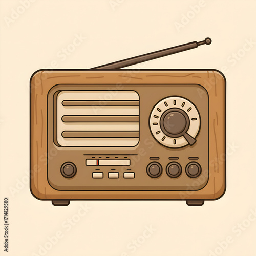 Vintage wooden radio illustration with extendable antenna, horizontal speaker grilles, and tuning dial