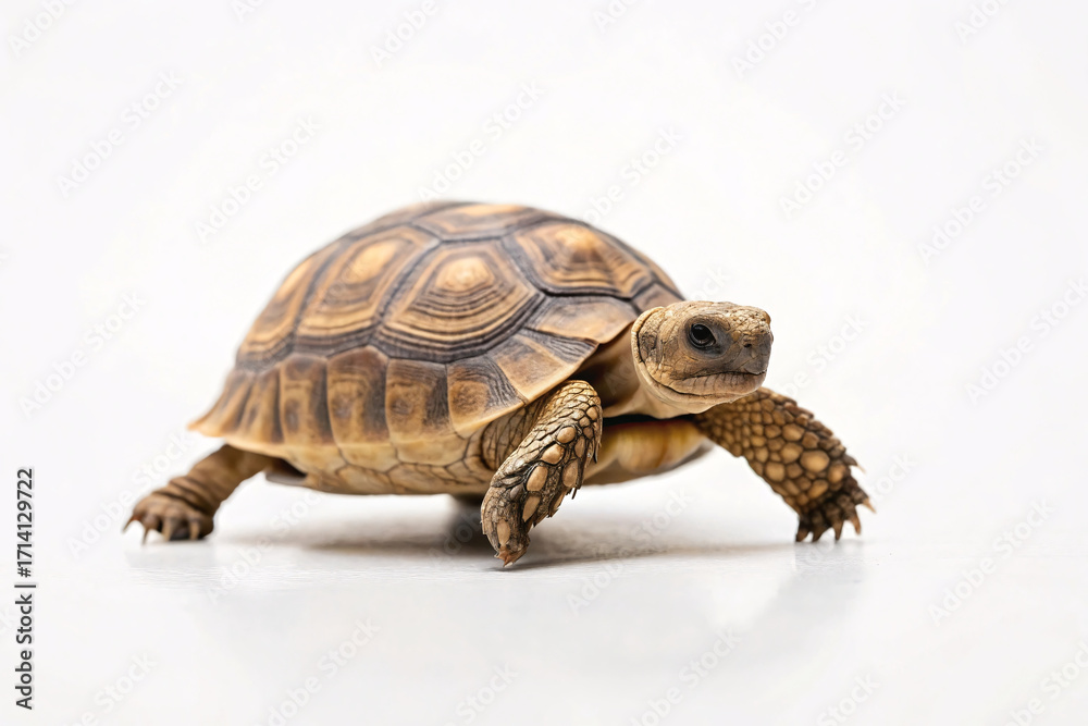 Obraz premium Russian tortoise moves forward on white surface, shell displaying intricate geometric patterns in golden-brown hues with textured scaly skin.