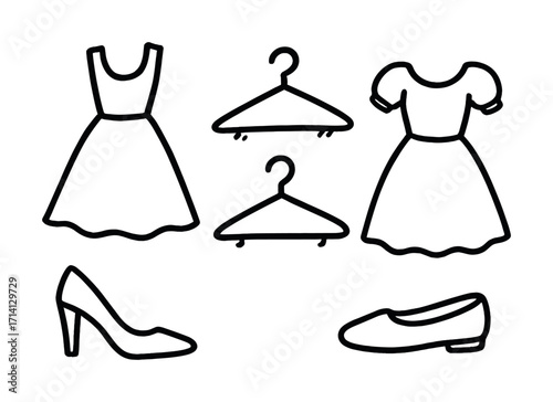 Outline of dresses, shoes, and hangers for fashion design concept