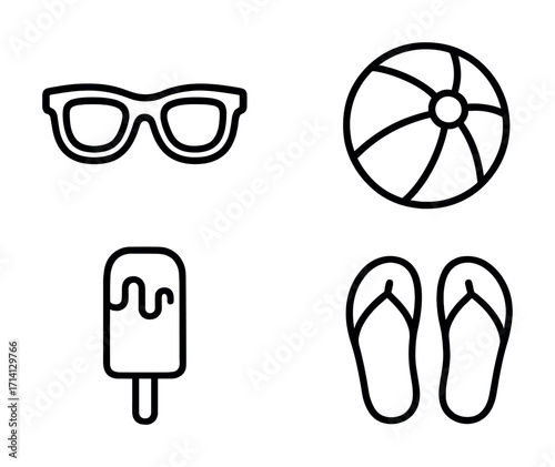 Summer icons: sunglasses, beach ball, ice cream, flip flops - minimalist line art