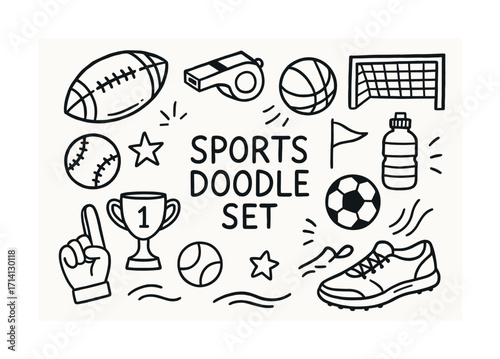 Sports doodle collection: football, basketball, soccer, trophy, whistle