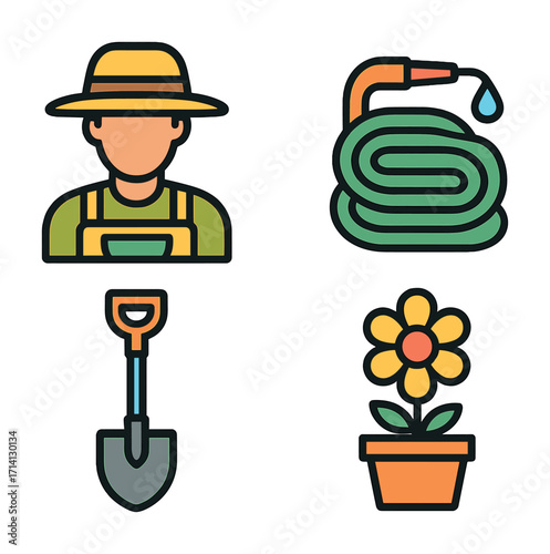 Gardening icons: gardener, hose, shovel, flower pot