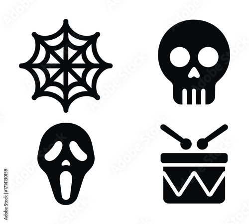 Spooky halloween symbols: spider web, skull, scream mask, drum icon graphics