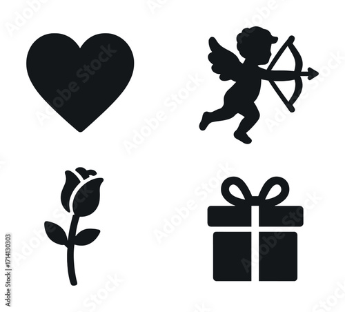 Love symbols: heart, cupid, rose, and gift silhouettes