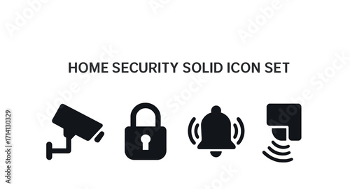Home security icon set: camera, lock, alarm, sensor symbols