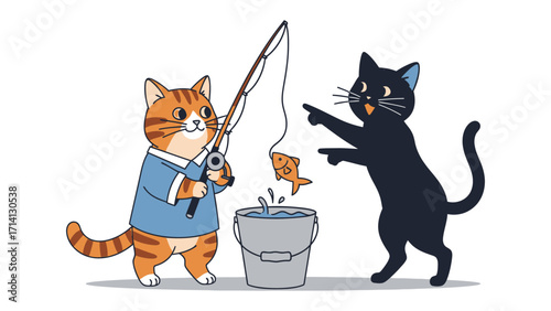 Feline Fishermen's Catch: Two adorable cartoon cats, a ginger tabby and a sleek black cat, collaborate in a whimsical fishing escapade, showcasing the joy of teamwork and playful antics.