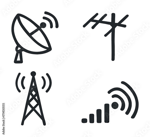Set of communication icons: satellite dish, antenna, radio tower, signal bars