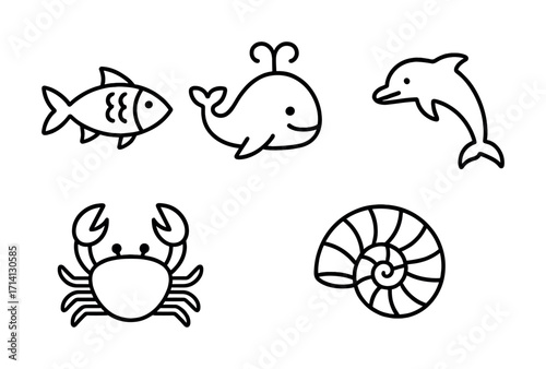 Outline illustrations of sea creatures: fish, whale, dolphin, crab, and shell