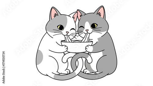 Wholesome Cats' Meal: A charming cartoon illustration showcases two adorable gray and white cats sharing a meal, embodying companionship, love, and a playful bond in a heartwarming scene.