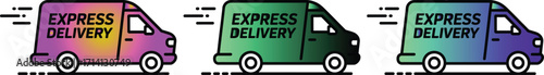 Three gradient express delivery vans speeding to their destination