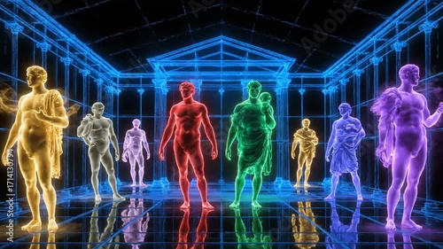 Colorful ink forming mythological gods within transparent glass sculpture