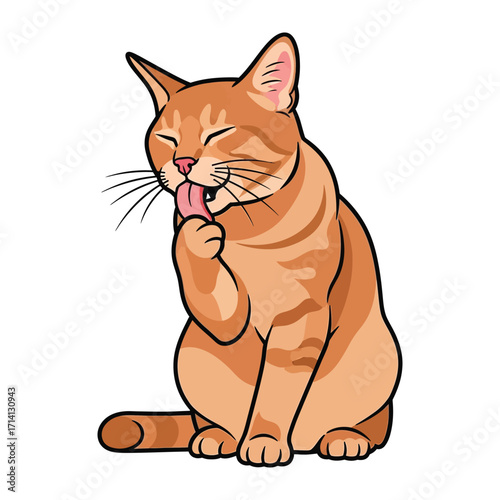 Orange Tabby Cat Grooming Itself: An orange tabby cat, its sleek fur and detailed features come to life through a meticulous illustration, meticulously grooming its paw, exuding a sense of serenity.