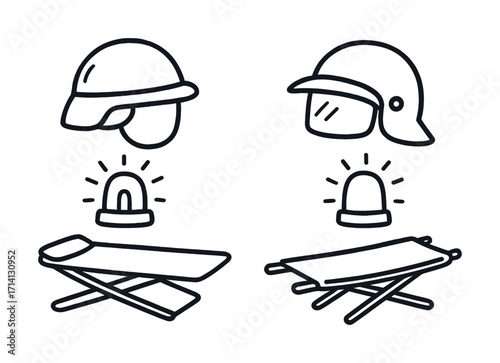 Construction safety icons: helmets warning signs and barricades in line art style