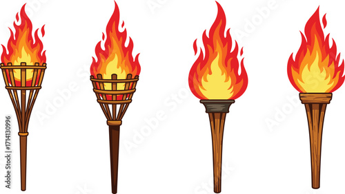 Burning torches illustration, traditional fire torch design, wooden tiki torch with flame, camping and festival light, survival and adventure concept