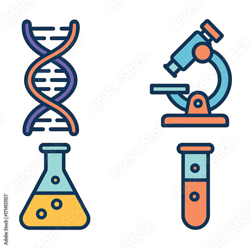 Colorful scientific icons featuring dna strand microscope beaker and test tube