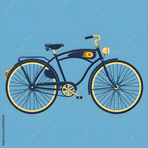 Isolated bicycle graphic shows transparent background and vintage design in blue with yellow elements