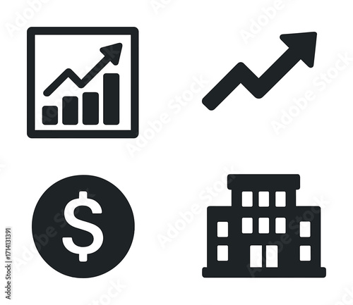Business and finance icons: graph, arrow, dollar, building symbols in black