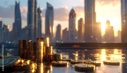 Financial Skyline Coins Reflecting Dubai's Prosperity