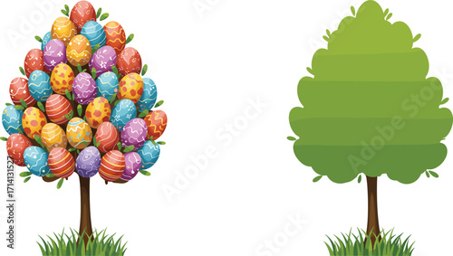 Easter egg decorated tree, plain green tree, festive foliage contrast, seasonal celebration, stylized vector, nature illustration, spring garden design