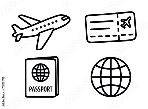 Travel essentials: airplane, ticket, passport, globe illustrations