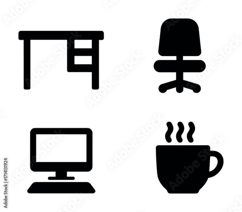 Office workspace icons: desk chair computer coffee