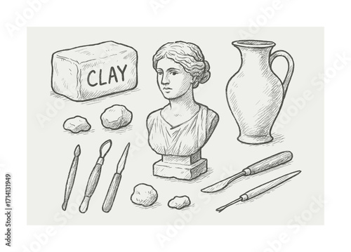 Artistic sculpture tools with female bust and clay block in sketch style