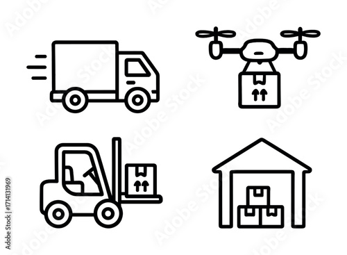 Logistics icons: truck, drone, forklift, warehouse for shipping and delivery