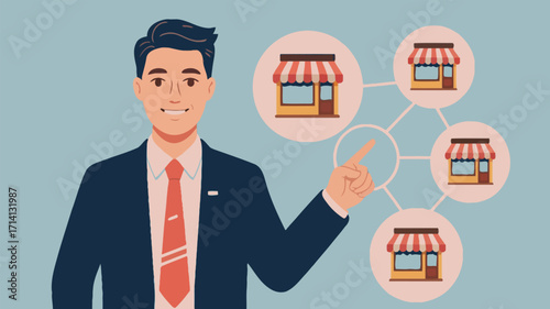 Man in suit pointing at connected shop icons on light blue background