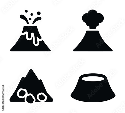 Silhouette icons of volcanoes with eruptions and symbols in black and white