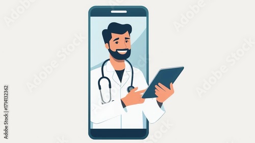 Online Doctor Animation, Telemedicine and Digital Healthcare Consultation on Smartphone with Smiling Physician