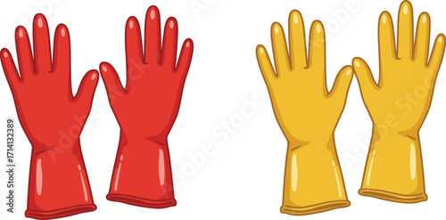 Cartoon illustration of red rubber gloves and yellow cleaning gloves, protective handwear for household chores, safety, hygiene, washing, cleaning design