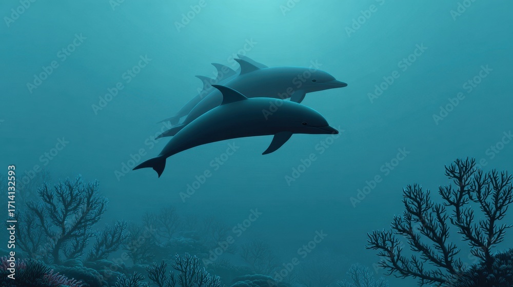 Naklejka premium Underwater Scene with Dolphins Swimming Gracefully Among Coral and Seaweed in a Serene Ocean Environment