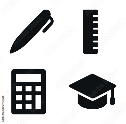 Education tools and symbols: pen, ruler, calculator, graduation cap